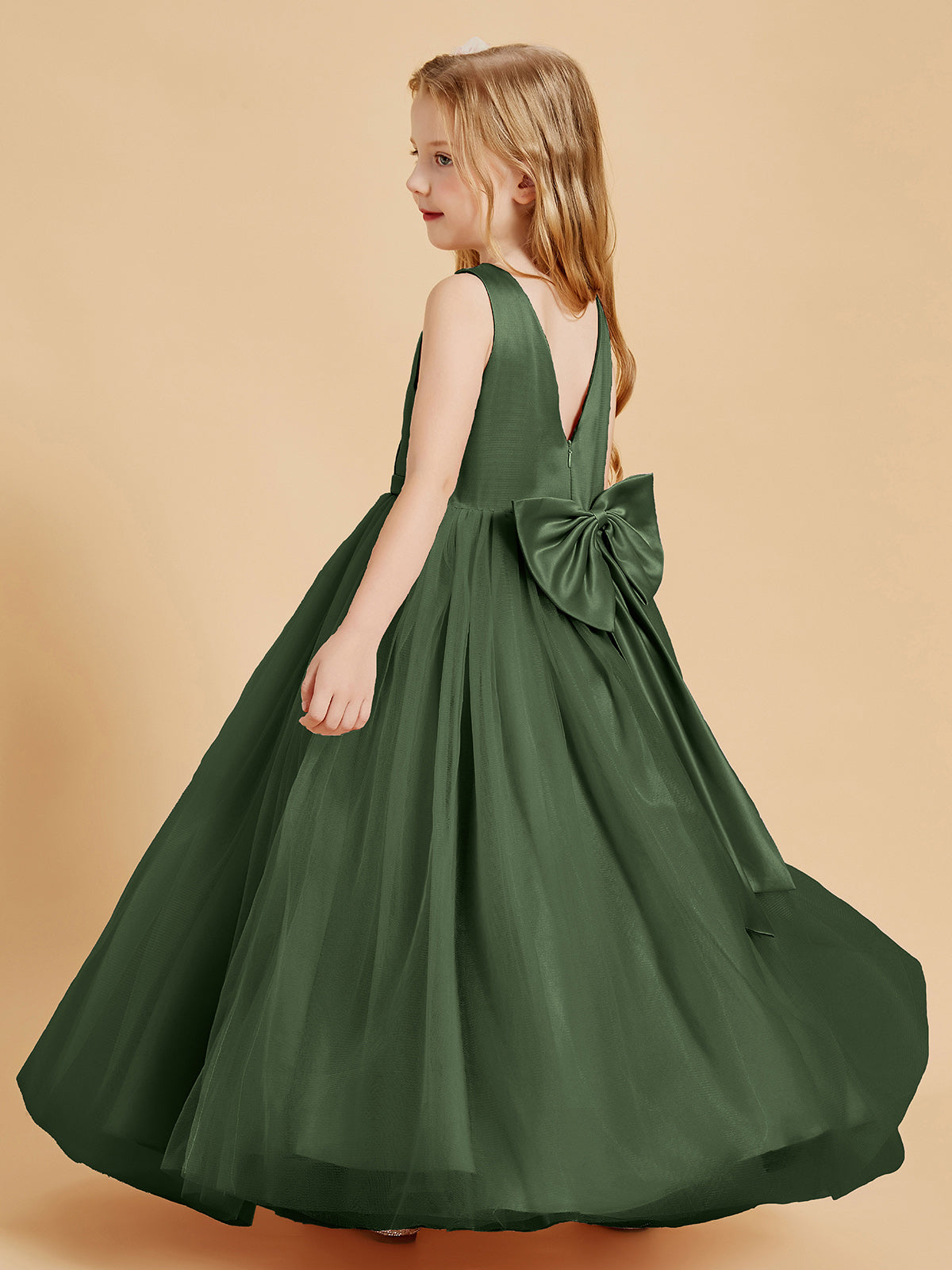 Tulle Junior Bridesmaid Dresses Satin Top Glamourous Bowknot Olive Green
